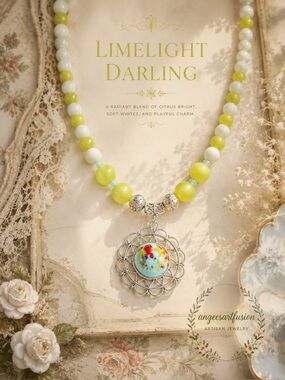 “Limelight Darling” Czech Glass,Moonglow,Fire Polished Glass, Acrylic Necklace